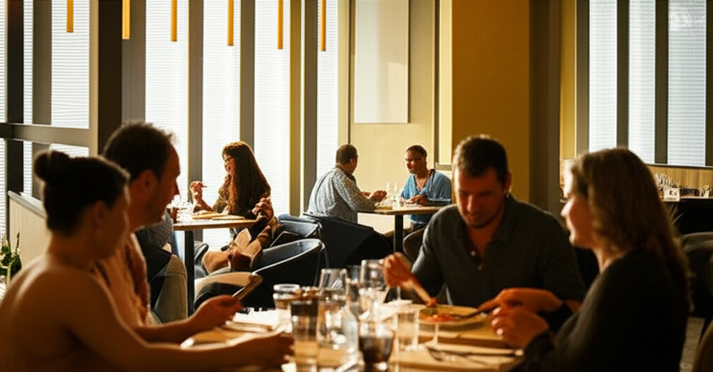 Bustling restaurant with happy diners